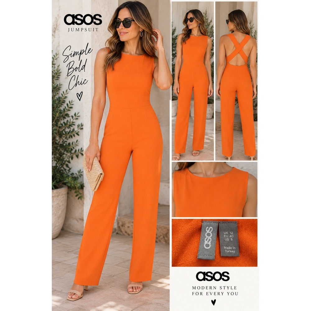NWT ASOS Design Orange Cross Back Sleeveless Jumpsuit Strappy Open Back US 8